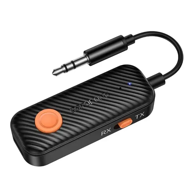 Bluetooth аудіо ресивер BOROFONE BC62 Walker AUX BT audio receiver/transmitter (BOROFONE BC62 Walker AUX BT audio receiver/transmitter — це универсальний Bluetooth 5.4 аудіо ресивер та передавач, який дозволяє легко передавати звук у ваш автомобіль чи будь-яку іншу аудіосистему. Завдяки сучасному чіпу JL, пристрій забезпечує стабільне з'єднання, мінімальну затримку та високу якість звуку. Трансмітер оснащений 3,5 мм інтерфейсом, що дозволяє підключати його до більшості автомобільних магнітол, навушників, колонок або домашніх аудіосистем. Вбудований аккумулятор ємністю 140 mAh забезпечує до 7 годин роботи в режимі прийому (RX) та до 4 годин у режимі передачі (TX) при 80% гучності. Час повного заряду становить 2 години, що робить його практичним вибором для повсякденного використання.) від батарейки.com.ua