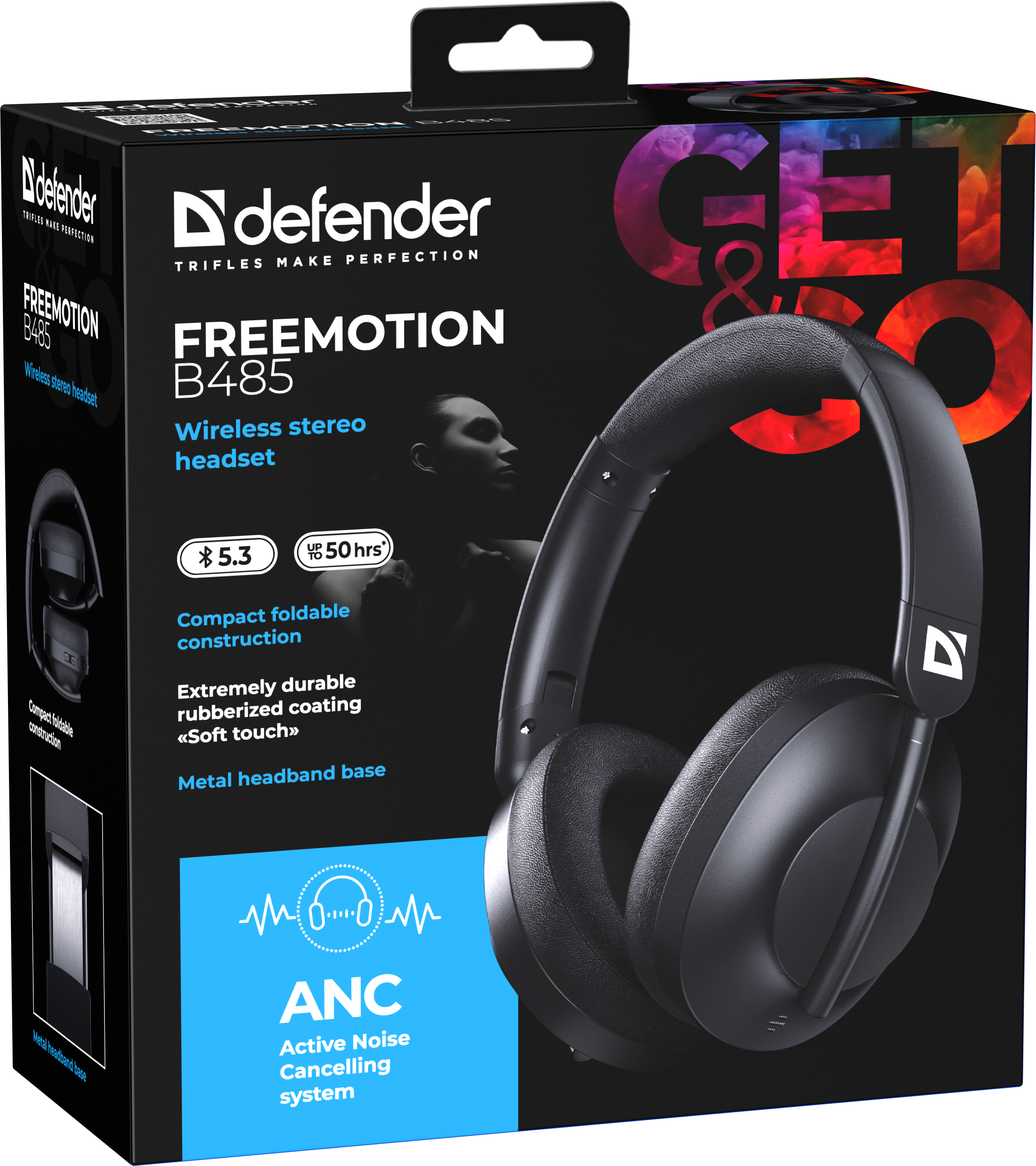 Bluetooth гарнітура DEFENDER FreeMotion B485 ANC 400мАг V5.3 + EDR, A2DP, AVRCP, HFP, HSP, AUX чорна), зображення 3
