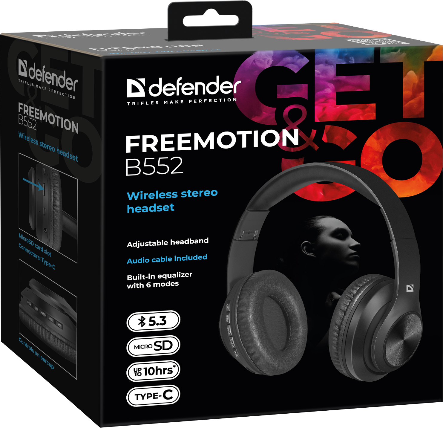 Bluetooth гарнітура DEFENDER FreeMotion B552 BT5.4 MicroSD, AUX jack, Type-C 200 мАг чорна), зображення 5