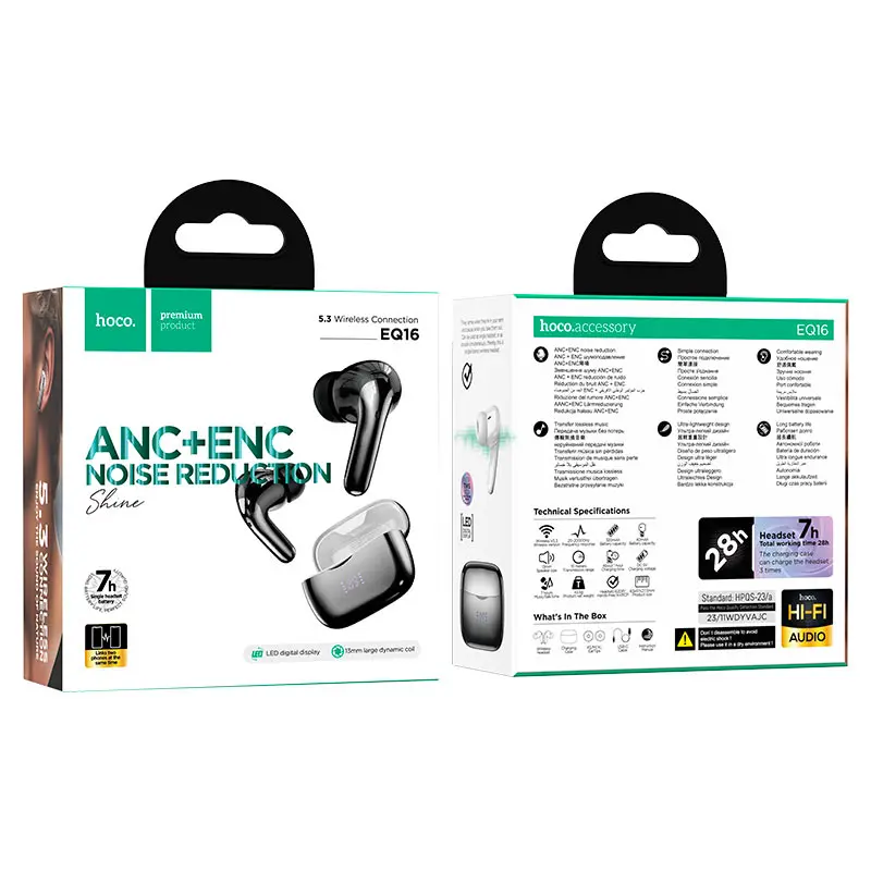 Bluetooth Навушники HOCO EQ16 Shine TWS, ANC+ENC, BT5.3, 7hours Black Glaze), зображення 4 Bluetooth Навушники HOCO EQ16 Shine TWS, ANC+ENC, BT5.3, 7hours Black Glaze), зображення 4