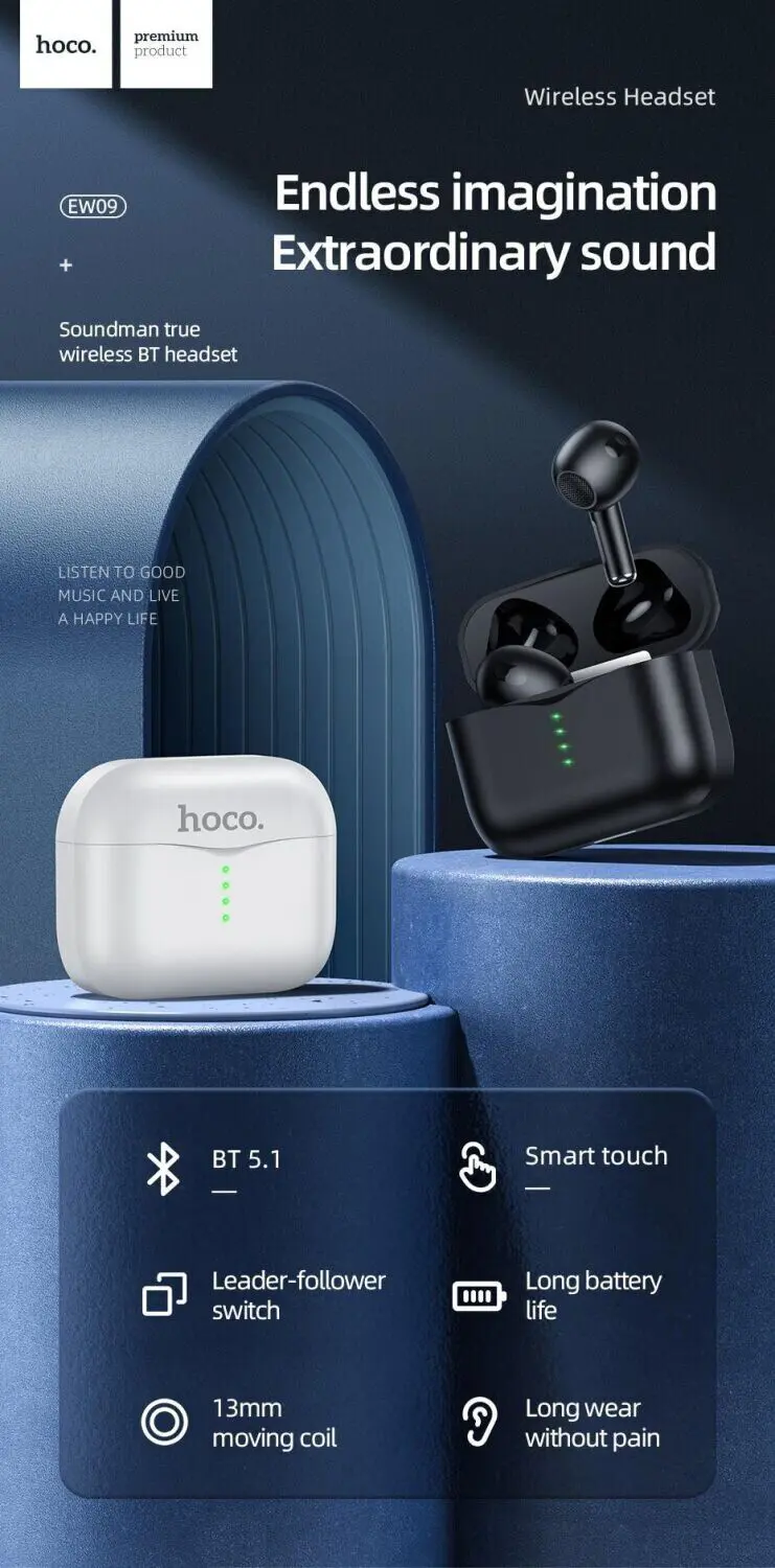 bluetooth навушники HOCO EW09 TWS BT5.1 сенсорні black), зображення 7