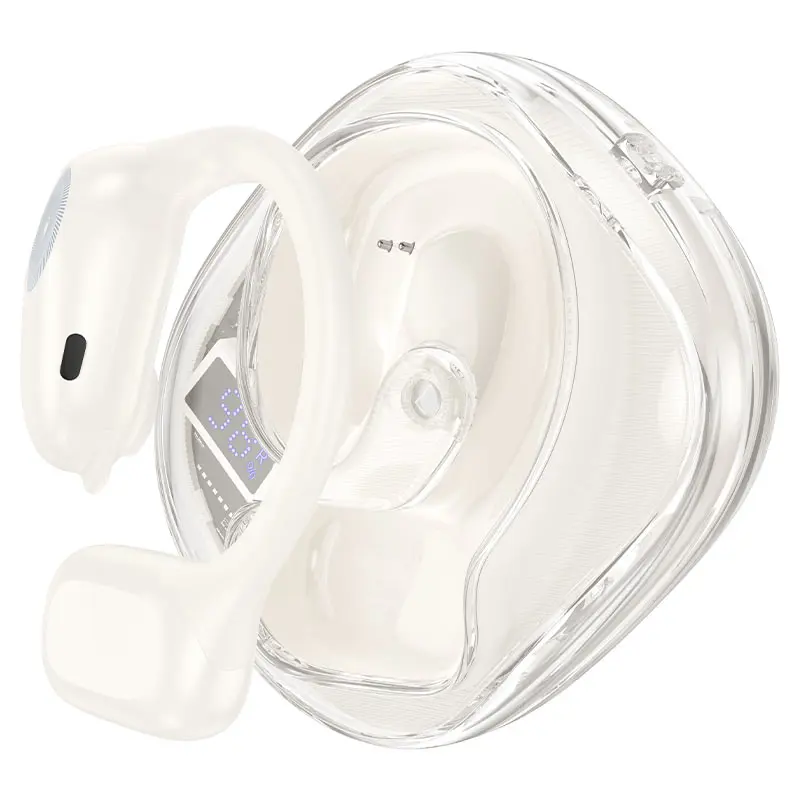 bluetooth навушники TWS HOCO EA3 Talent ear-hook BT5.3 White (EA3 Talent, TWS headset, BT v5.3, charging case battery 500mAh, headset battery 90mAh, 10 hours of use and 360 hours of standby, open ears design 1. BT version: v5.3. Chip: JL7003D4. 2. Supported protocols: Headset, Hands-free, A2DP, AVRCP. 3. Transmission distance: 10m. 4. Transmission frequency: 2.4Hz. 5. Speaker unit: 16.2mm. 6. Impedance: 16Ω ± 15%. 7. Frequency response: 20-20000Hz. 8. Sensitivity: 98dB ± 3dB. 9. Battery capacity: charging case 500mAh, headset 90mAh. 10. Charging case input: DC5V, Type-C. 11. Charging time: about 2 hours for charging case, about 1.5 hour for headset. 12. Talk / music time: 10 hours (80% volume). Standby time: 360 hours. 13. LED digital display of power level. 14. Open wearable stereo – OWS. Ear-hook design. 15 Supports leader-follower switching, voice assistant activation, songs switching, songs play / pause. 16. Headset automatically turns on when taken out from the charging case, automatic pairing. Headset automatically turns off when placed into the charging case. 17. Battery display: supports for Apple phones and some Android phones. 18. Sizes: 75.5 × 64.5 × 42mm. 19. Total weight: 85.6g. Single earbud weight: 11.5g.) від батарейки.com.ua