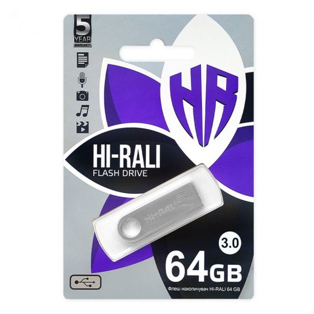 флешка Hi-Rali 64GB 3,0 Shuttle срібло металева від батарейки.com.ua