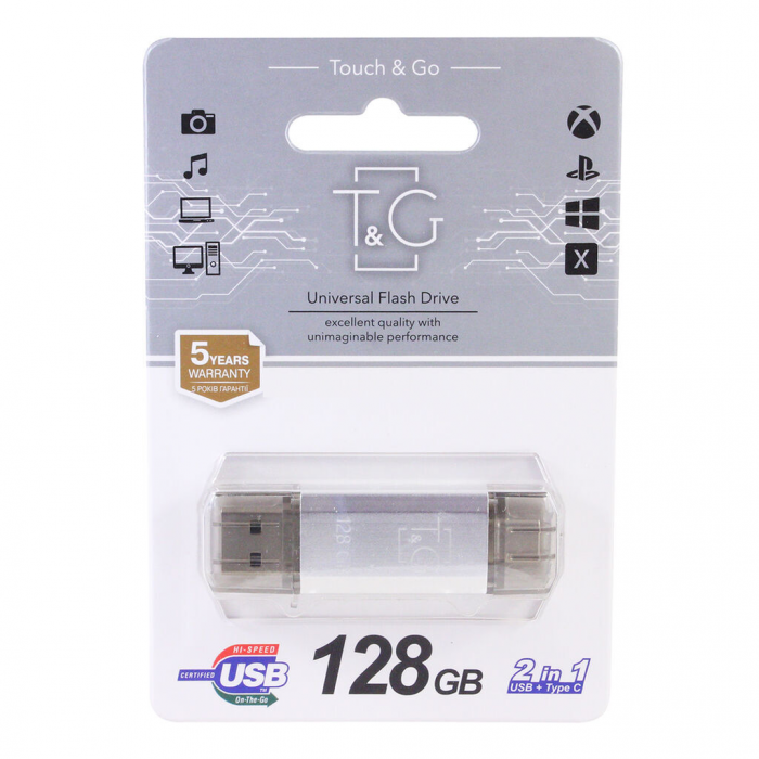 флешка T&G 009 128GB USB+Type-C 3.0 Star срібло), зображення 2