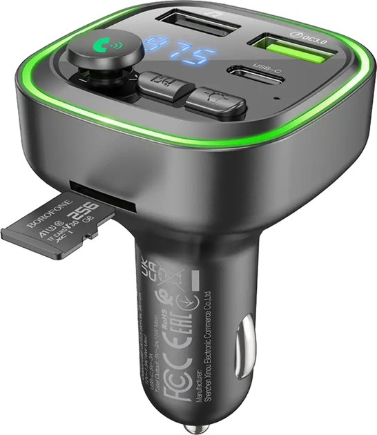 FM-модулятор BOROFONE BC48 Broad 2USB, type-C, QC3.0 18W, TF microSD, BT5.0, handsfree чорний від батарейки.com.ua