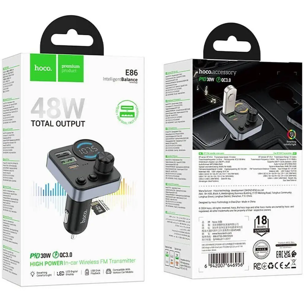 FM-модулятор Hoco E86, PD30W, QC3.0, BT5.4), зображення 5 FM-модулятор Hoco E86, PD30W, QC3.0, BT5.4), зображення 5