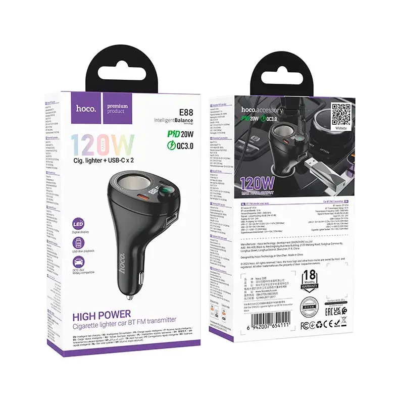 FM-модулятор HOCO E88 bluetooth 2USB 1Type-C, PD20W, QC 3.0, додаткове гніздо прикурювача), зображення 2