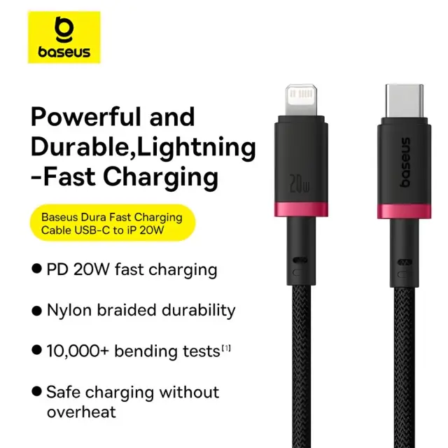 Кабель Baseus Type-C to Lightning Dura PD20W 1m Black-Red P10377800U01-01), зображення 2
