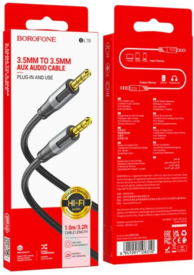 Кабель BOROFONE BL19 AUX Jack 1m чорний), зображення 2 Кабель BOROFONE BL19 AUX Jack 1m чорний), зображення 2