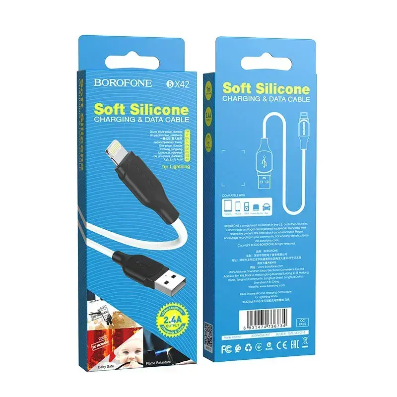 Кабель BOROFONE BX42 USB to Lightning silicone 2.4A 1m білий), зображення 2