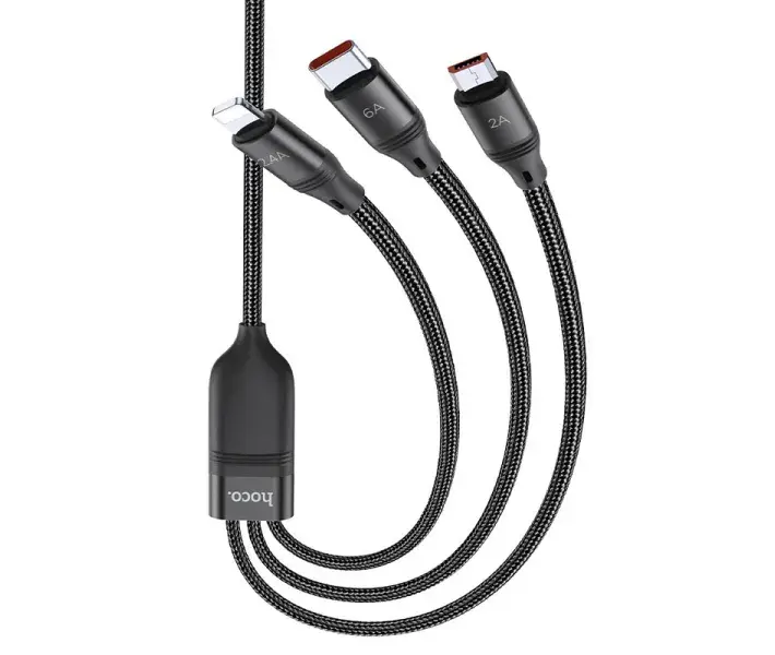 Кабель HOCO U104 USB - Micro+Lightning+Type-C 3-in-1 6A 1,2m Black), зображення 6
