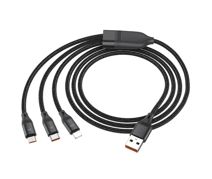 Кабель HOCO U104 USB - Micro+Lightning+Type-C 3-in-1 6A 1,2m Black від батарейки.com.ua