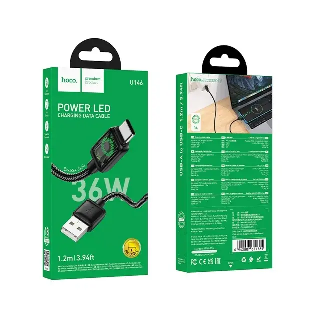 Кабель HOCO U146 USB to Type-C 36W 3A 1.2m чорний), зображення 4