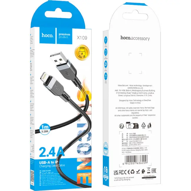 Кабель HOCO USB - Lightning X109, silicone 2,4A, 1м чорний), зображення 7