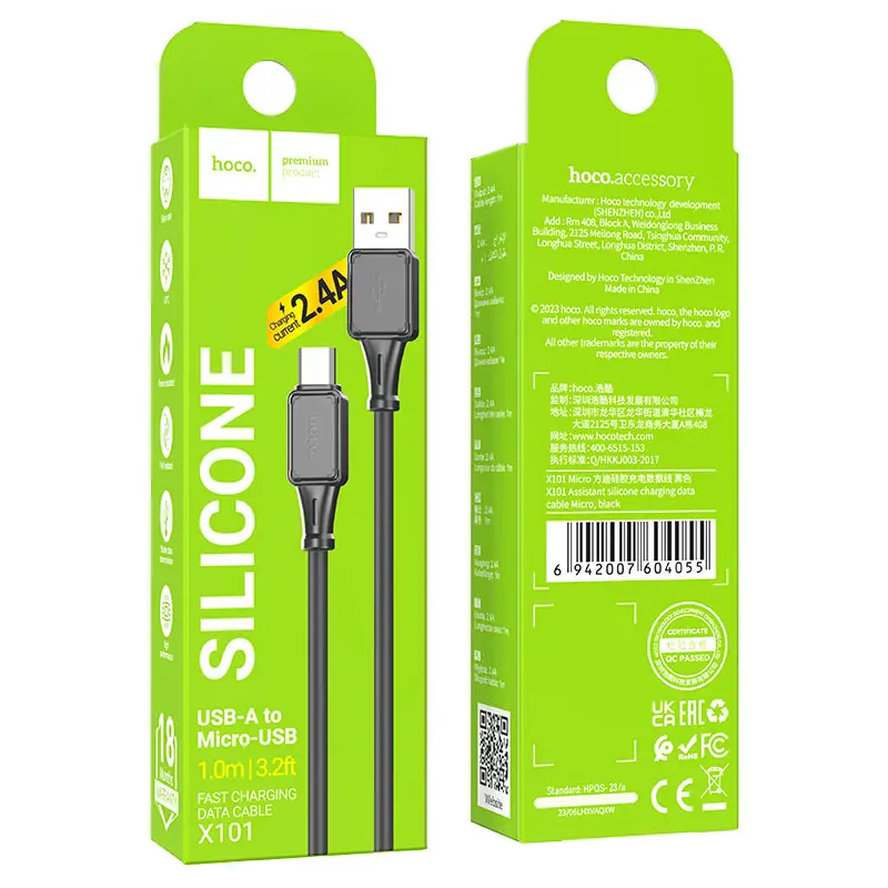Кабель HOCO USB to Micro X101 silicone 3A 1m чорний), зображення 4 Кабель HOCO USB to Micro X101 silicone 3A 1m чорний), зображення 4