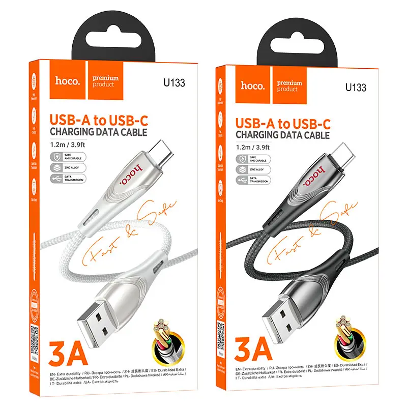 Кабель HOCO USB Type-C U133, data, 3A, 1.2м чорний), зображення 2