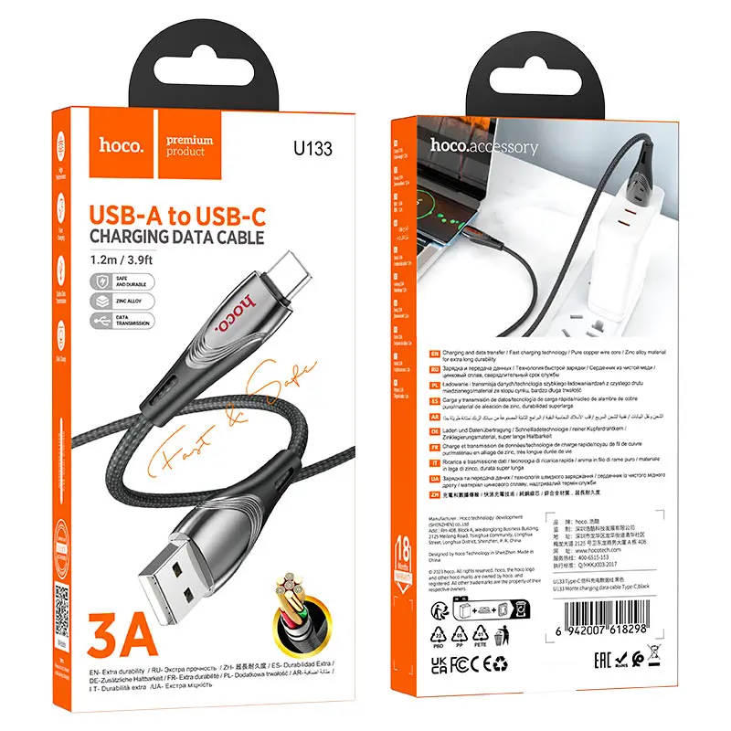 Кабель HOCO USB Type-C U133, data, 3A, 1.2м чорний), зображення 4