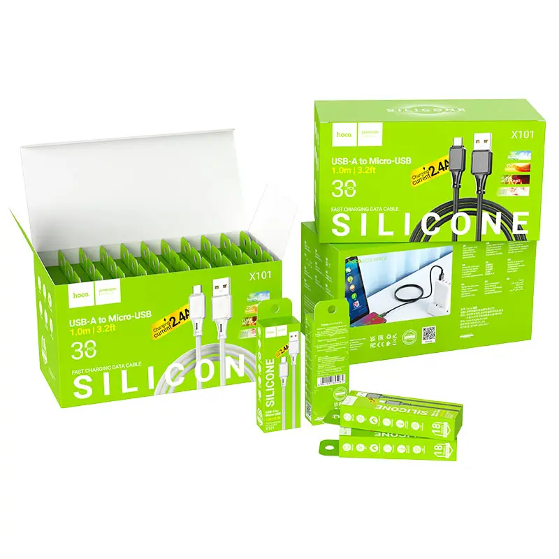 Кабель HOCO X101 USB to Micro silicone 2,4A 1m білий), зображення 2 Кабель HOCO X101 USB to Micro silicone 2,4A 1m білий), зображення 2