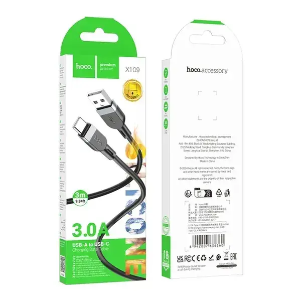 Кабель HOCO X109 USB to Type-C silicone 3A 1m чорний), зображення 2