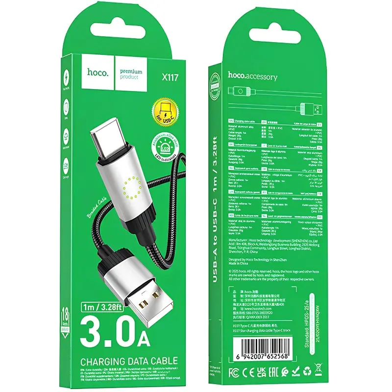 Кабель HOCO X117 USB to Type-C 3A 1m, Led індикатор, чорний), зображення 2