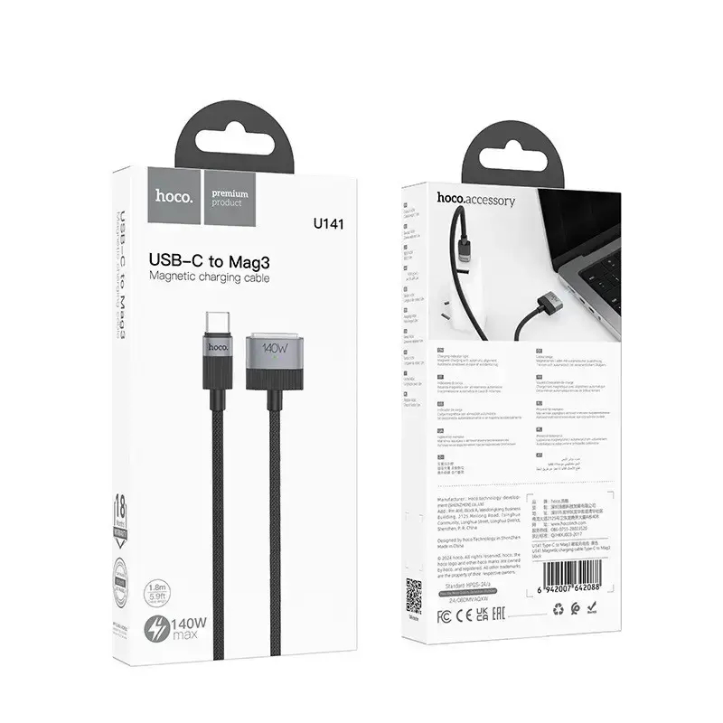 Кабель магнітний HOCO Type-C to MagSafe 3 U141 PD140W 1.8 м Black, для MacBook), зображення 2