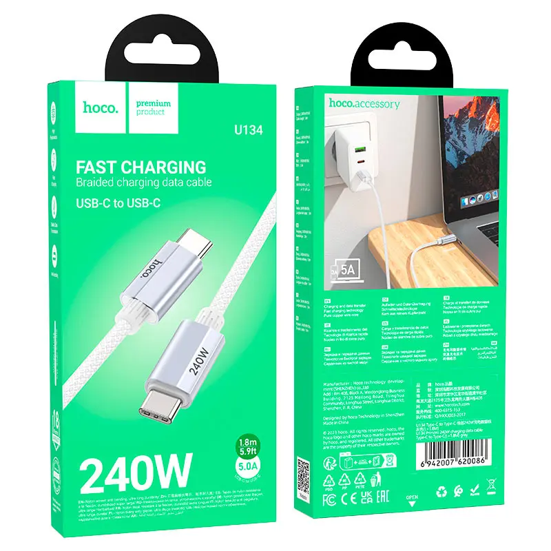 Кабель Power Delivery HOCO U134 Primero Type-C to Type-C PD240W 1,8m. сірий), зображення 3