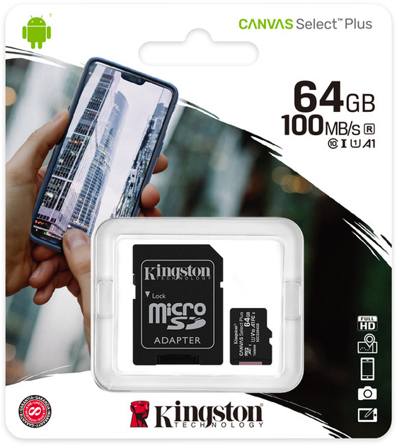карта пам'яті KINGSTON microSD 64 GB 100R Class 10 з адаптером від батарейки.com.ua