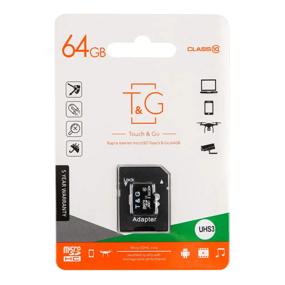 карта пам'яті T&G microSDHC64GB Сlass 10 з адаптером від батарейки.com.ua