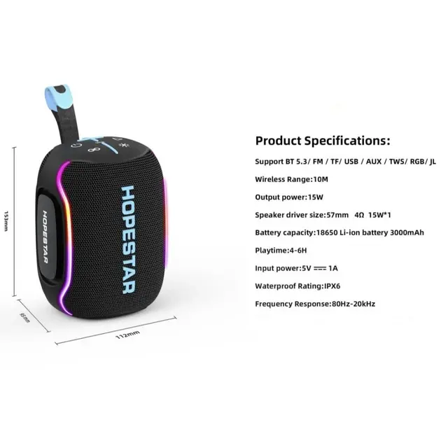 Колонка HOPESTAR H73  bluetooth MINI 15W Black), зображення 6