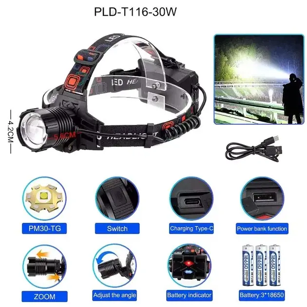 Ліхтар налобний PLD-T116-PM30-TG zoom TypeC, 3х18650  3режими), зображення 5