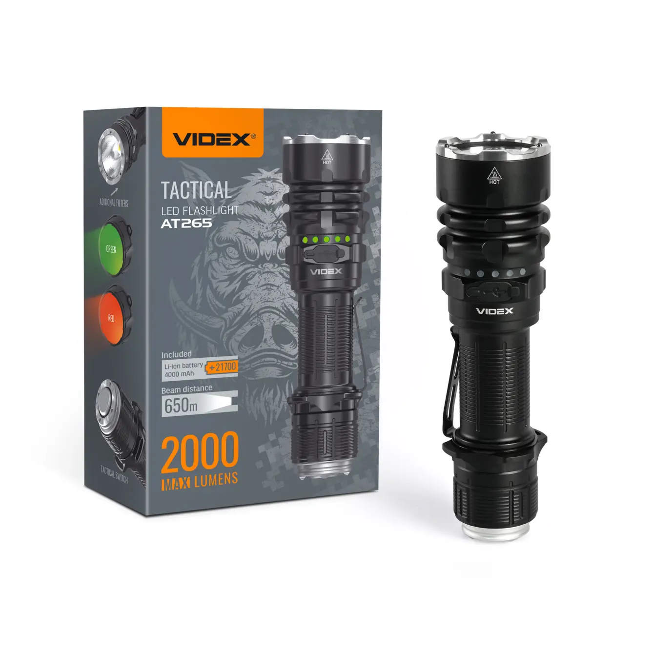 Ліхтар ручний VIDEX VLF-AT265, 2000Lm 6500K, акум Li-ion 21700 або 18650, type-c, IP68, червоний та зелений фільтри), зображення 12 Ліхтар ручний VIDEX VLF-AT265, 2000Lm 6500K, акум Li-ion 21700 або 18650, type-c, IP68, червоний та зелений фільтри), зображення 12