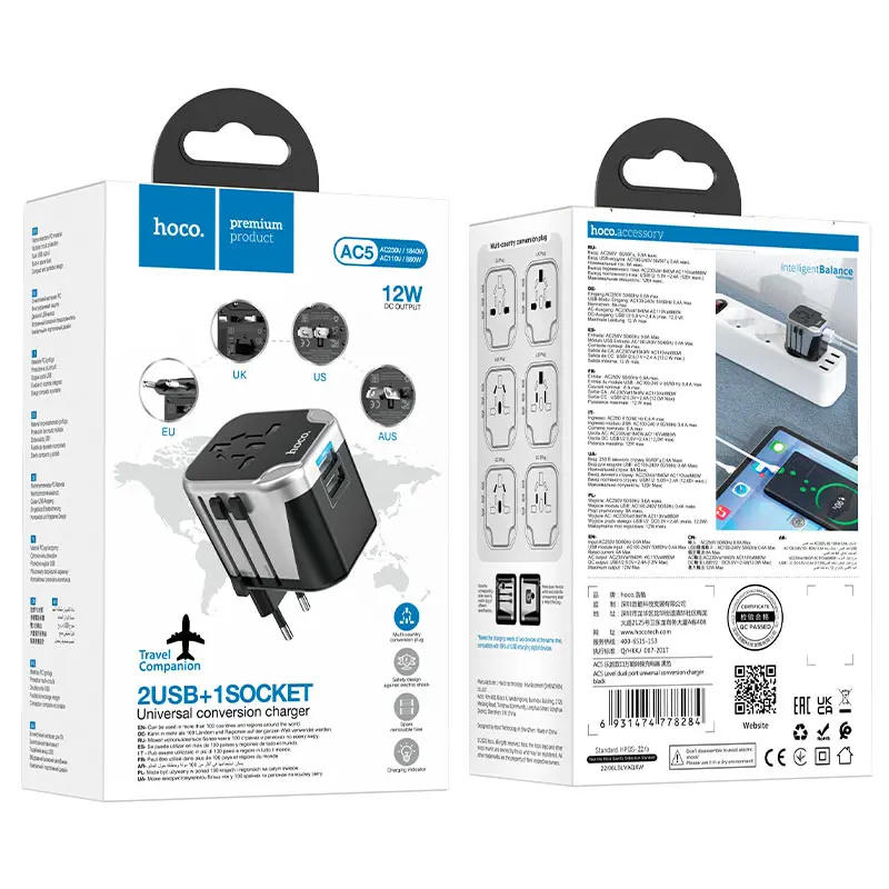 Мережевий адаптер HOCO AC5 Level 2USB Socket Black), зображення 2