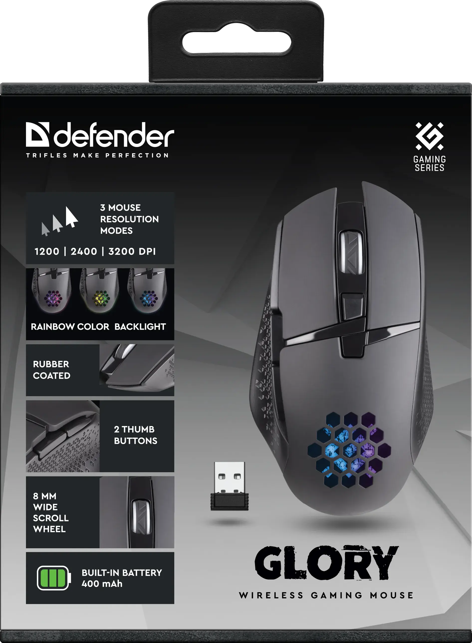 Миша бездротова DEFENDER ігрова Glory GM-514, чорна (Тип продукту ігри Тип сенсора оптичний Тип підключення бездротовий Інтерфейс підключення USB Робоча частота 2.4 ГГц Кількість кнопок 6 + колесо прокрутки Роздільна здатність сенсора миші, DPI 1200 / 2400 / 3200 Мінімальне значення DPI 1200 dpi Максимальне значення DPI 3200 dpi Ємність акумулятора 400 мА·ч Середня тривалість роботи без підзарядки / заміни батарей 30—120 год Прогумоване колесо прокручування є Безшумні кнопки не має Тефлонові ніжки є Максимальне прискорення 10 g Частота обробки кадрів 3400 fps Швидкість IPS 40 IPS Кількість натискань 5 мільйонів Довжина кабелю 0.5 ±5% м Колір чорний Системні вимоги до ПК Windows 2000/XP/Vista/7/8/10, Mac OS X10) від батарейки.com.ua
