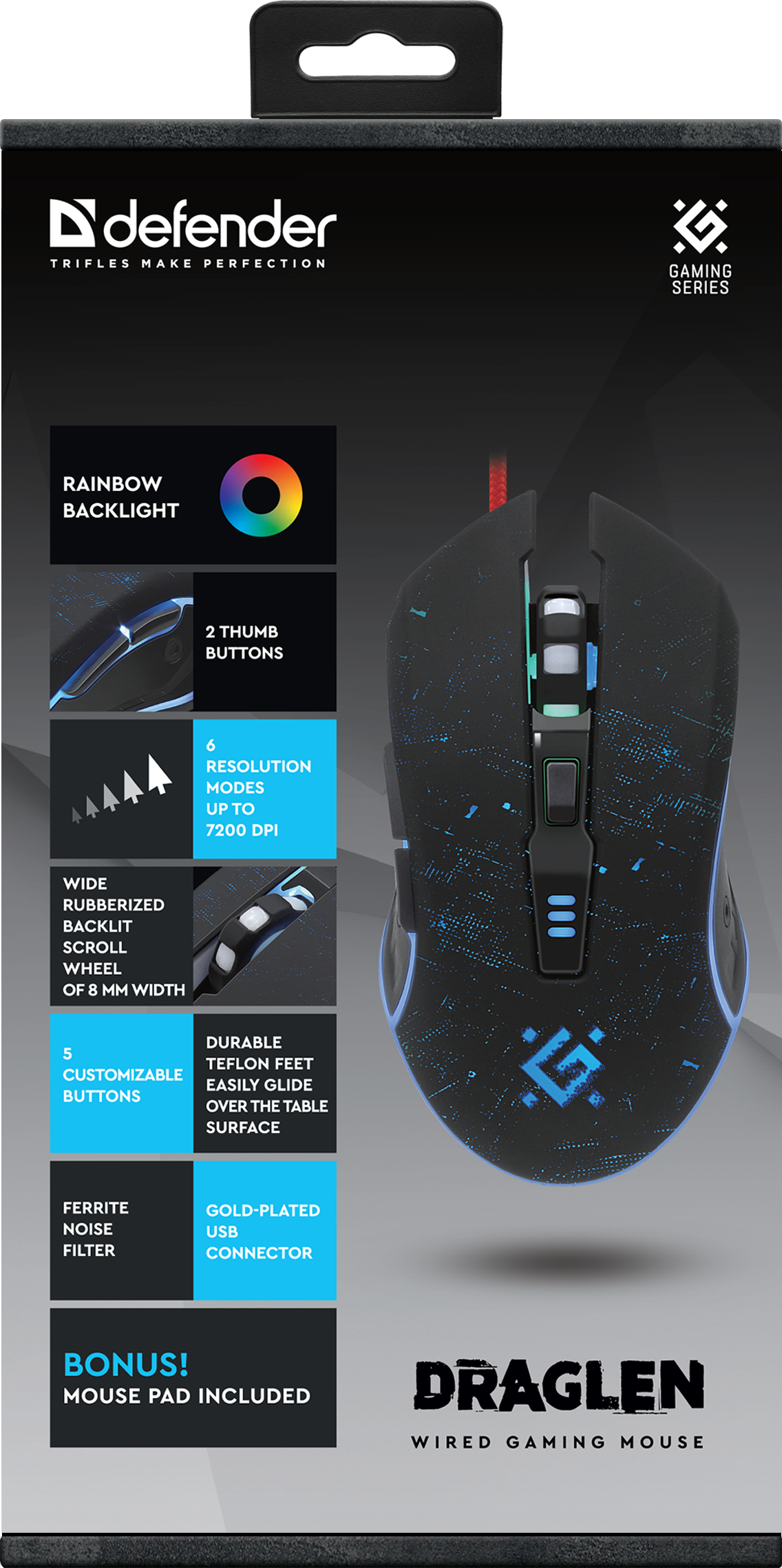 Миша ігрова DEFENDER Draglen GM-907 5кнопок, 7200 dpi, USB, RGB підсвітка чорна), зображення 2