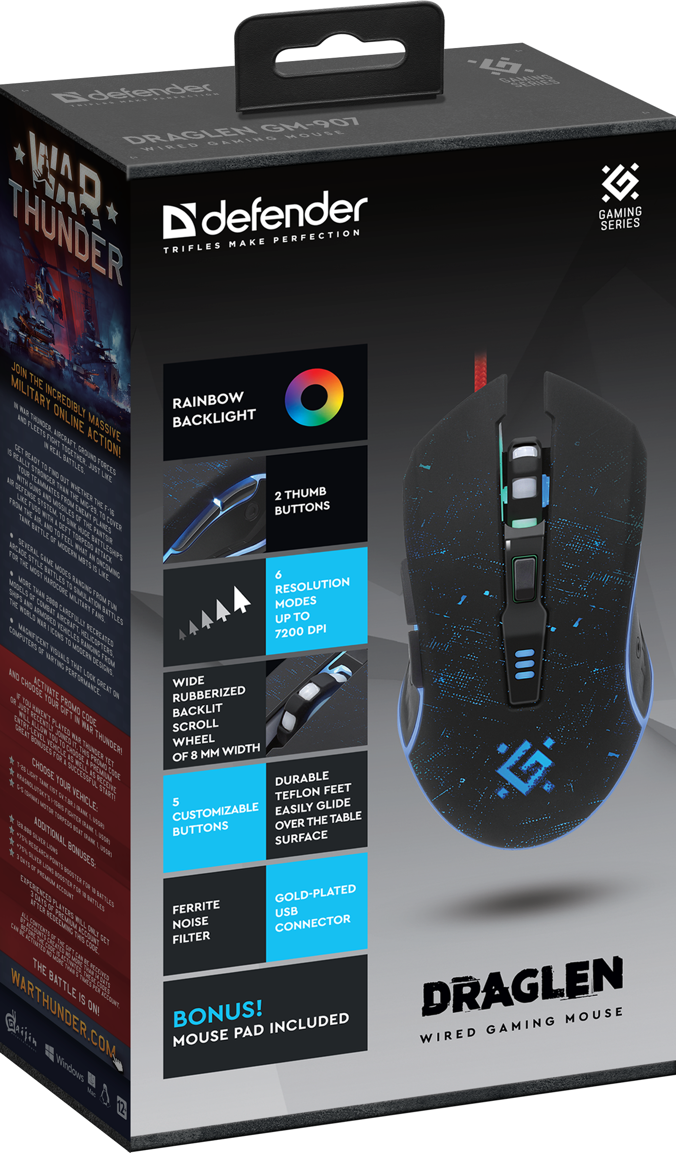 Миша ігрова DEFENDER Draglen GM-907 5кнопок, 7200 dpi, USB, RGB підсвітка чорна), зображення 3