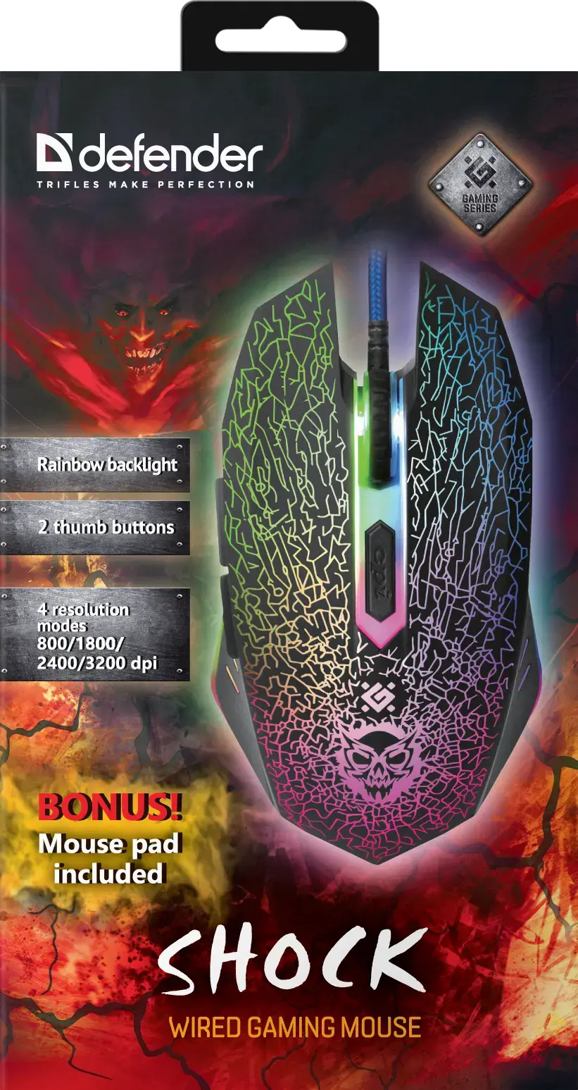 миша ігрова DEFENDER Shock GM-110L 3200dpi, 6 кнопок, RGB підсвітка, килимок у подарунок), зображення 3