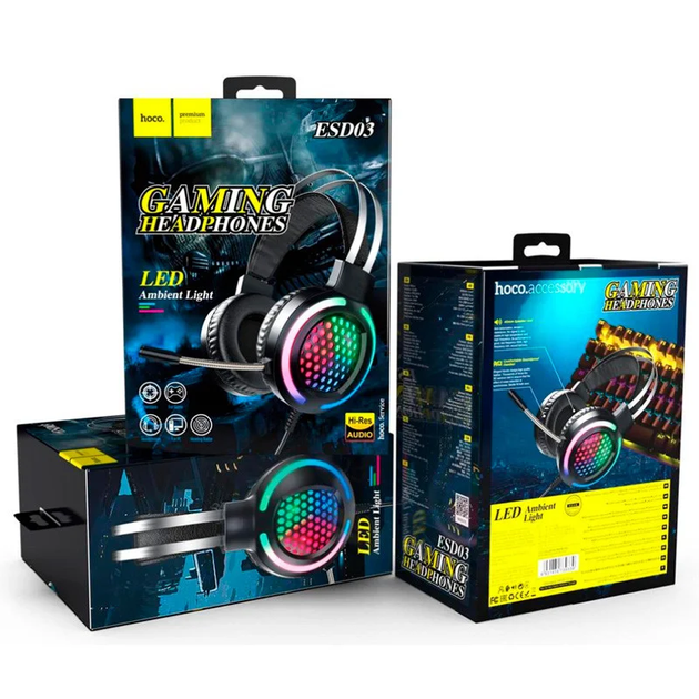 Навушники ігрові HOCO ESD03, USB 2xJACK3.5, кабель 2м, чорні), зображення 2