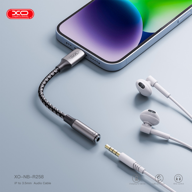 Перехідник аудіо XO NB-R258C Lightning to AUX 3.5 чорний), зображення 2 Перехідник аудіо XO NB-R258C Lightning to AUX 3.5 чорний), зображення 2