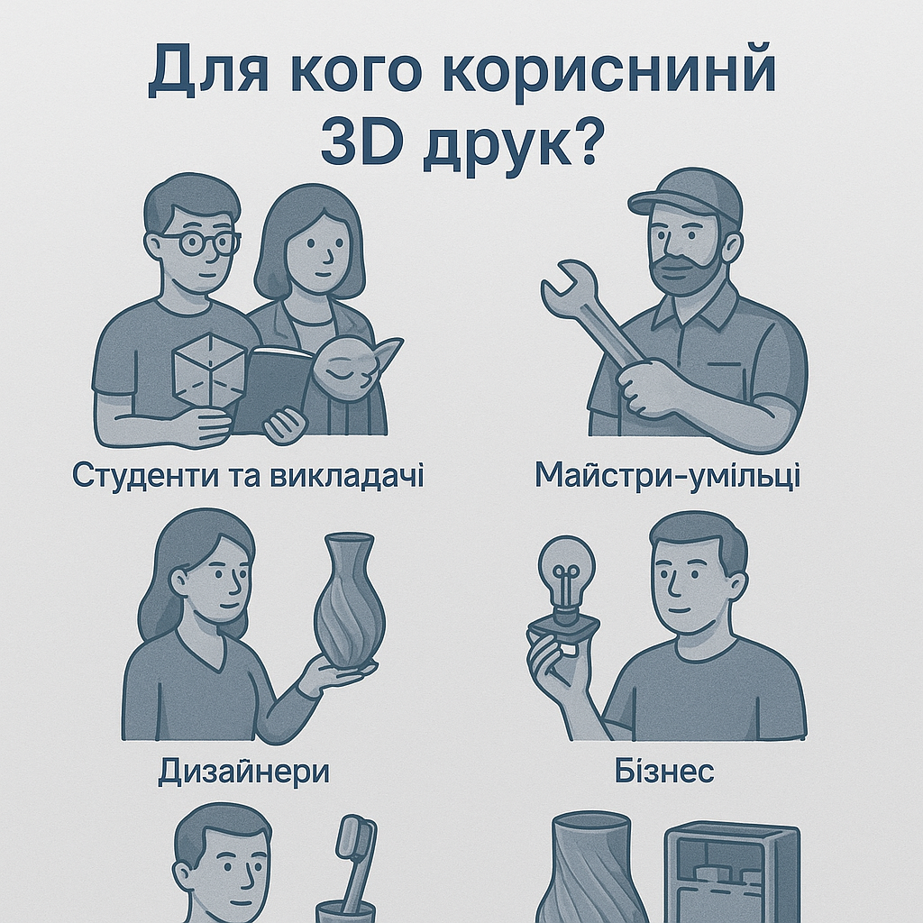 Для кого корисний 3D друк? - Студенти та викладачі, Майстри, Дизайнери, користувачі