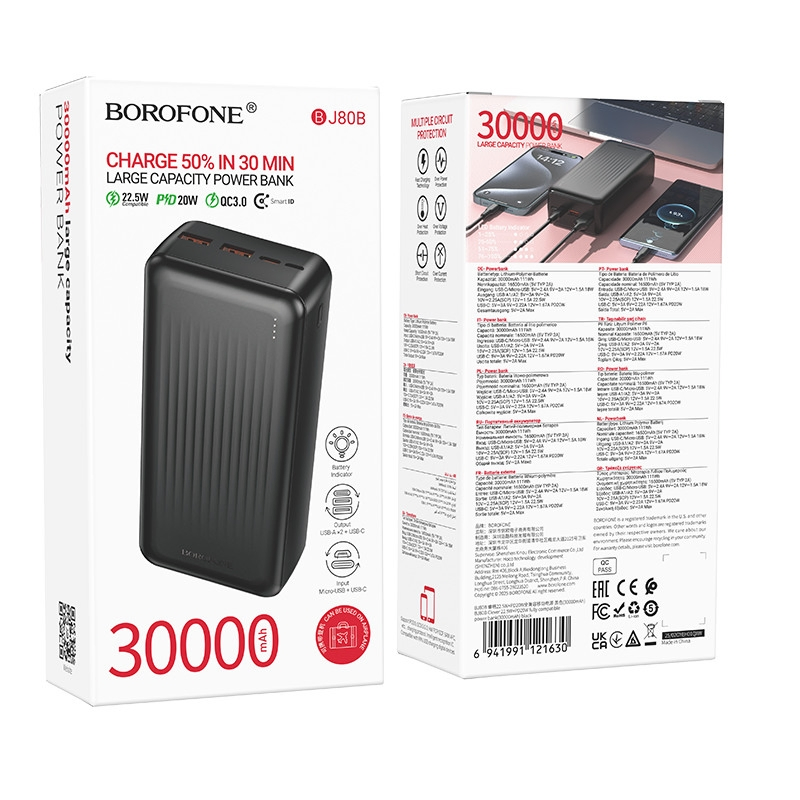 power bank BOROFONE BJ80B 30000mAh 2xUSB 2xType-C 22.5W PD20W чорний ), зображення 6