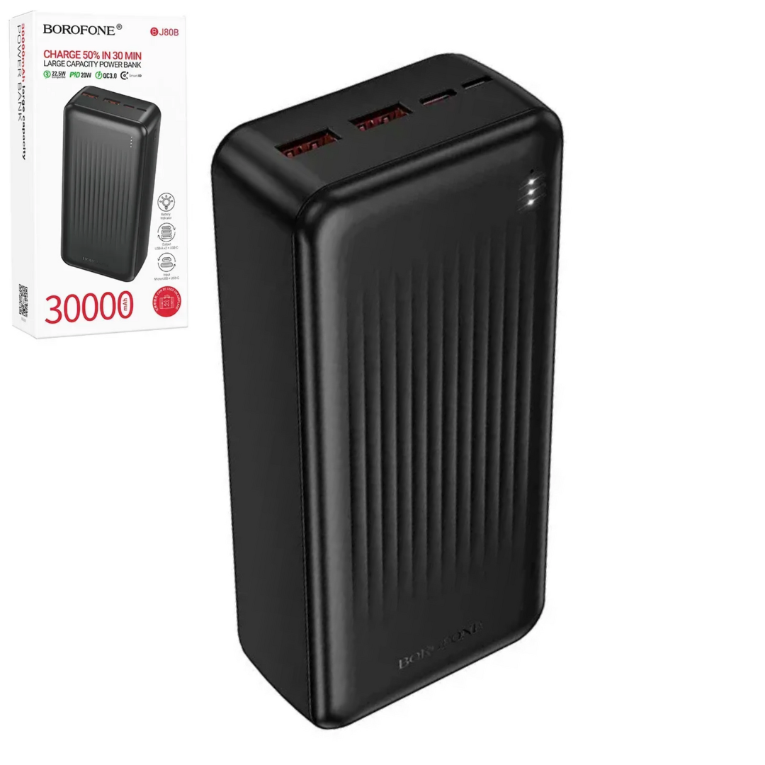 power bank BOROFONE BJ80B 30000mAh 2xUSB 2xType-C 22.5W PD20W чорний (Размеры	146 х 69 х 40 мм Вес	605 г) від батарейки.com.ua