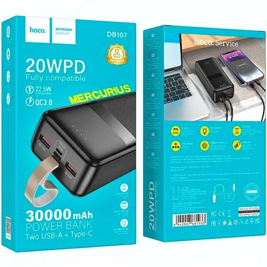power bank Hoco DB107 Mercurius 30000mAh PD20W+QC3.0 22.5W чорний), зображення 4