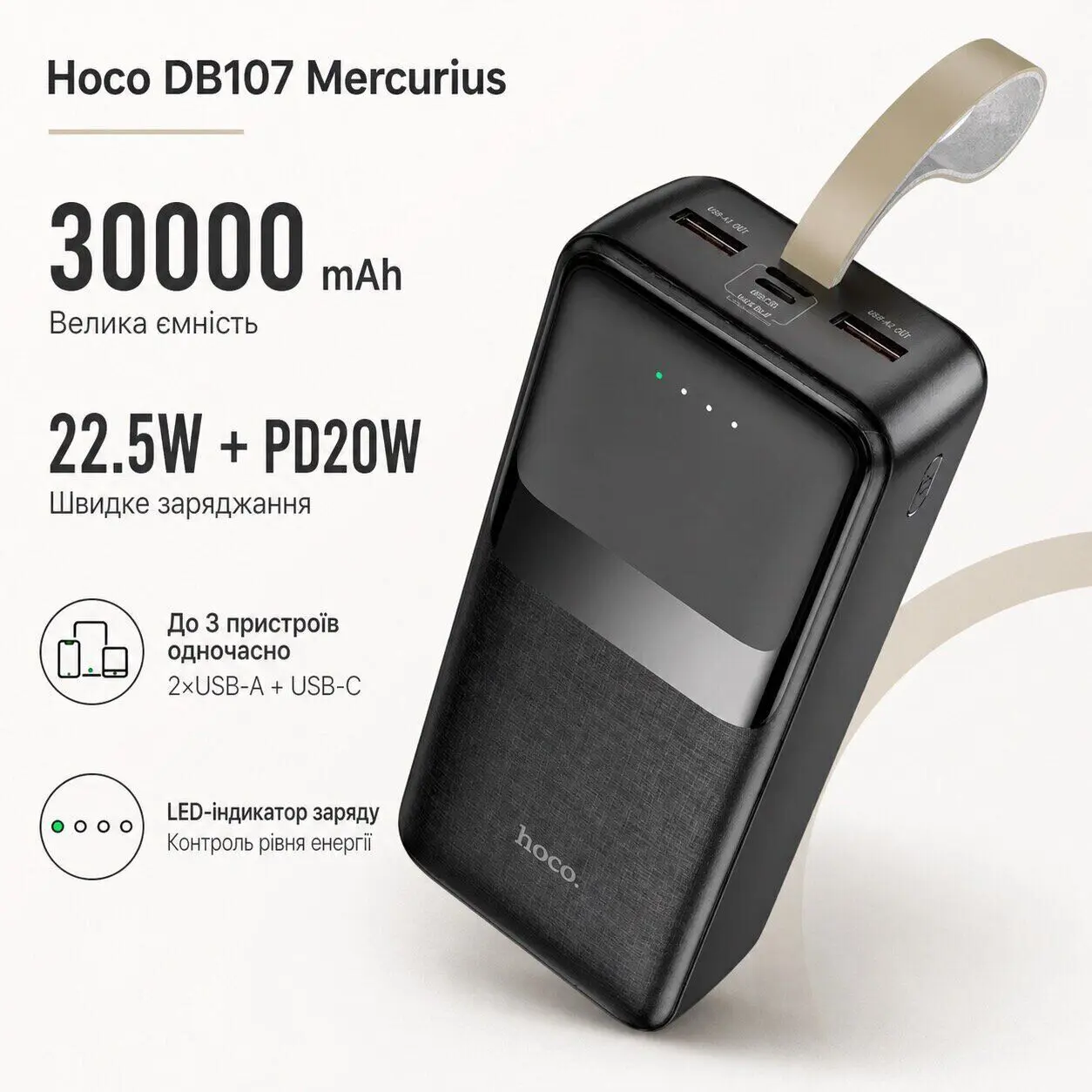 power bank Hoco DB107 Mercurius 30000mAh PD20W+QC3.0 22.5W чорний), зображення 7