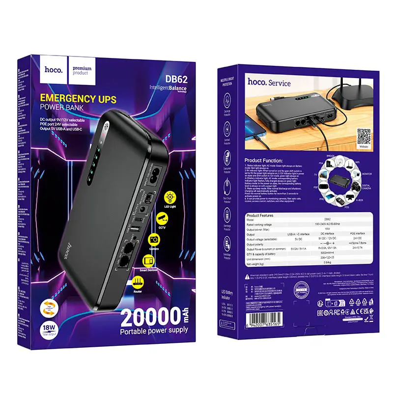 power bank Hoco DB62 Imperial emergency ДБЖ для роутерів UPS 5-12V/18W 20000mAh Black), зображення 2