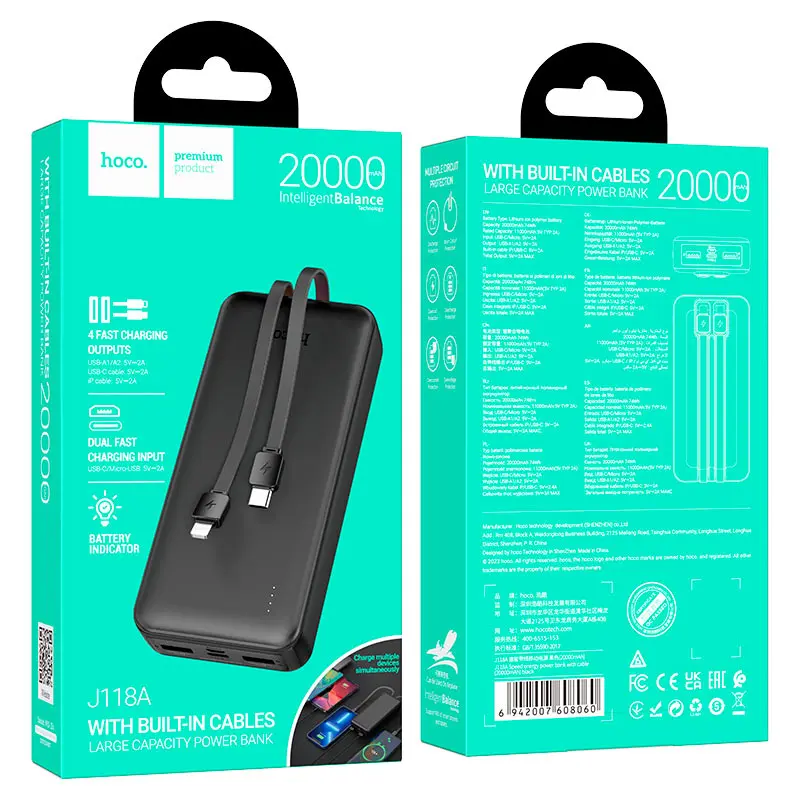 power bank Hoco J118A 20000mAh 2*USB, 2*type-C, Lightning, micro, Black ), зображення 2
