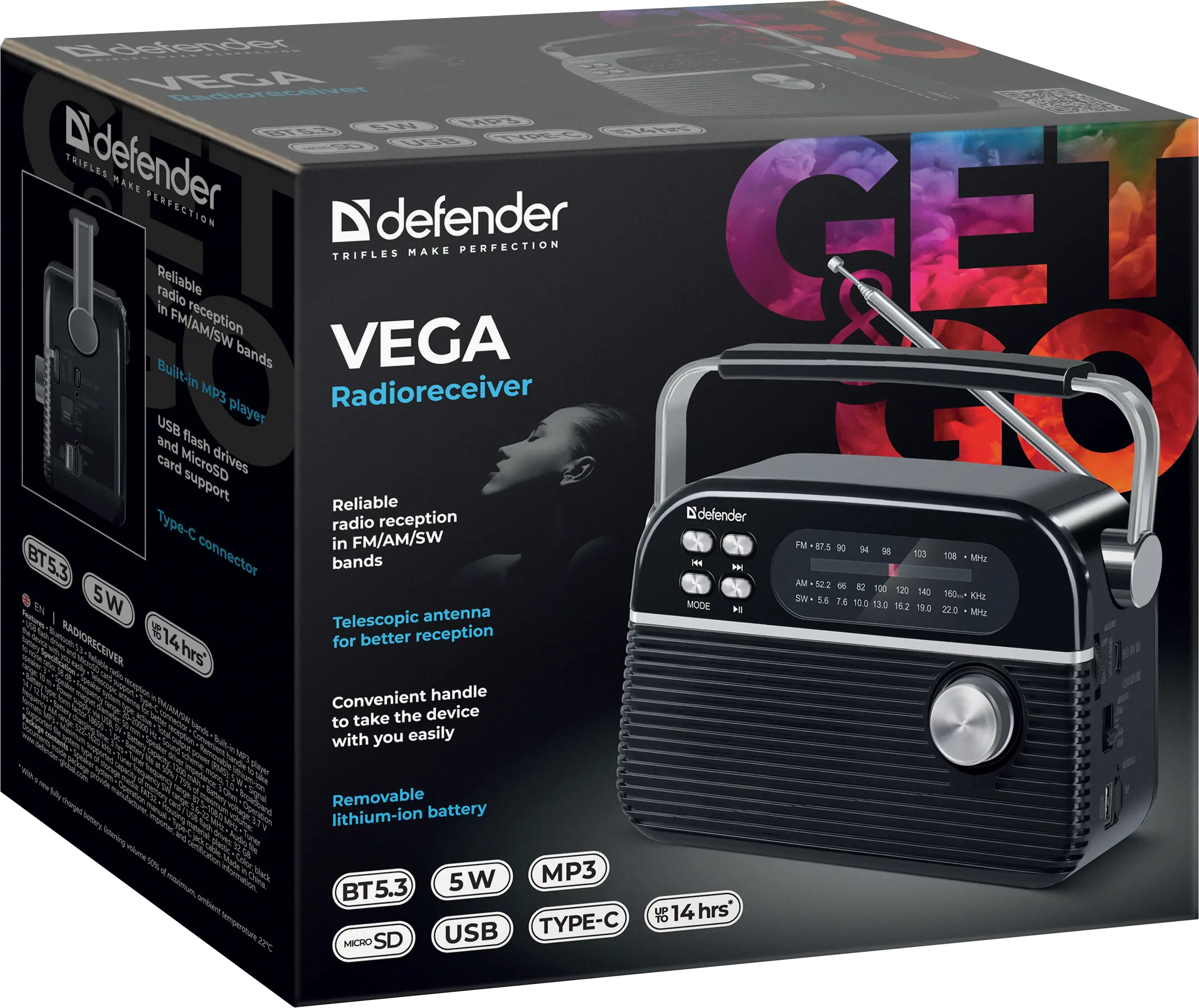 Радіоприймач Defender Vega 5Вт FM/AM/SW, BT5.3 mp3 TF Card, USB, Type-C, 1200 мАч), зображення 2