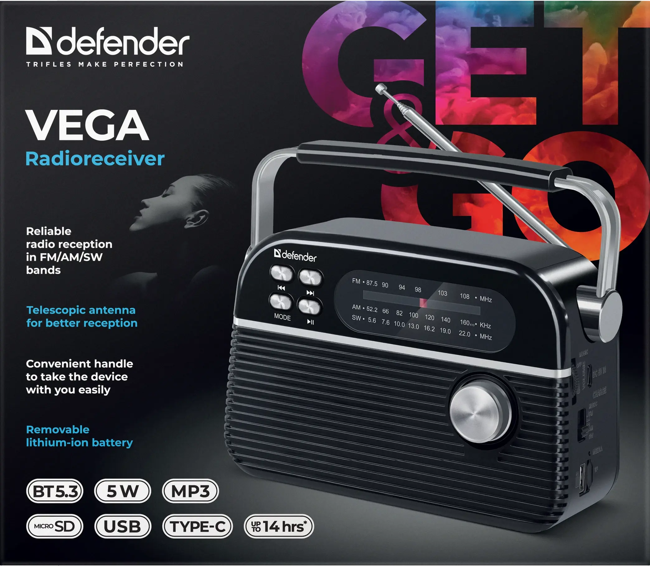 Радіоприймач Defender Vega 5Вт FM/AM/SW, BT5.3 mp3 TF Card, USB, Type-C, 1200 мАч), зображення 3