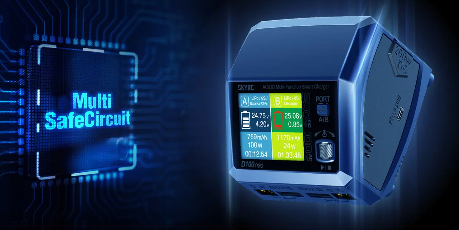 Розумне зарядне SkyRC D100neo SK-100199-01, LiPo LiHV LiFe Liion 1-6S, NiMh Pb, 2 канали, 200W 12A, 220V), зображення 2