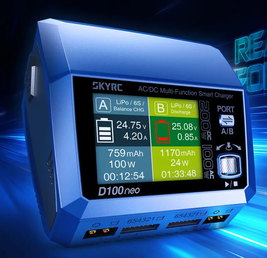 Розумне зарядне SkyRC D100neo SK-100199-01, LiPo LiHV LiFe Liion 1-6S, NiMh Pb, 2 канали, 200W 12A, 220V від батарейки.com.ua
