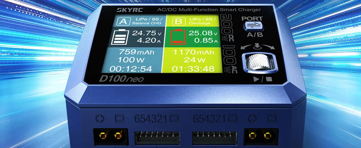 Розумне зарядне SkyRC D100neo SK-100199-01, LiPo LiHV LiFe Liion 1-6S, NiMh Pb, 2 канали, 200W 12A, 220V), зображення 4